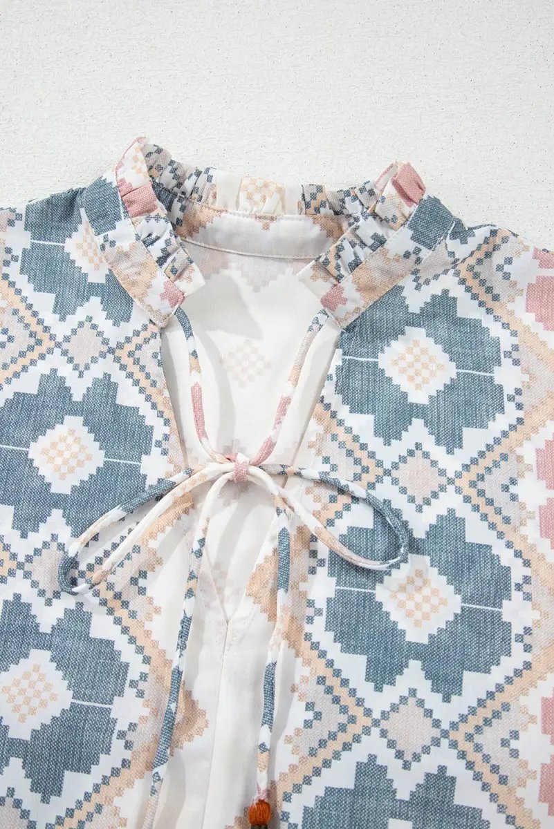 Khaki Geometric Print Tassel Tie Split Neck Balloon Sleeve Blouse - Love Salve